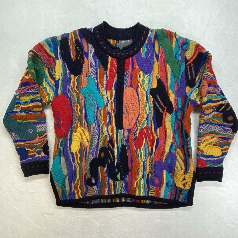 COOGI Australia Sweater M Vintage half zip Colorful Rainbow wool cosby 3d knit